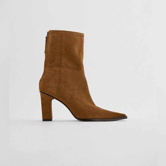 Zara suede leather tan camel heeled ancle boots heels - Picture 5 of 8